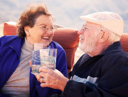 Retired couple celebrating and toasting each other